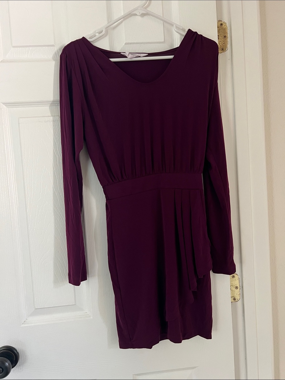 BCBGeneration Long-Sleeve V-Neck Draped Waist Dress in Plum